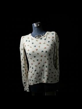 Lux Cream Floral Long-Sleeve Crewneck Knit Top Size M